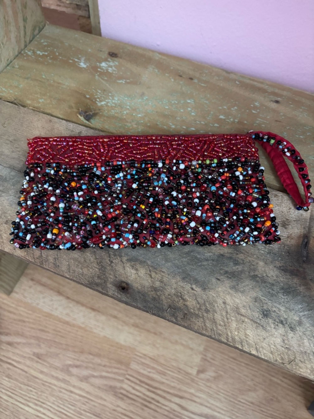 Red Beaded Wristlet Clutch with Multicolor Accents